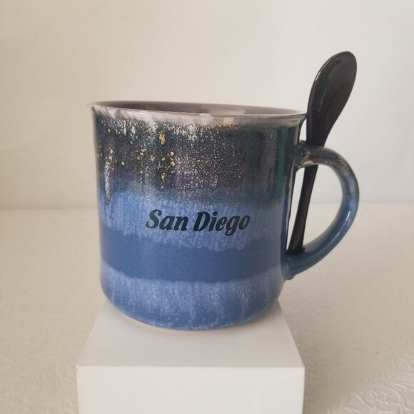 Other - Large 16oz Blue Gray Ceramic Glazed San Diego Coffee Mug Cup with Spoon